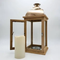 Wooden LED Lantern With Copper Roof And Battery Operated Candle Brown - LumaBase
