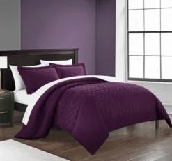 Chic Home Jazmine 7 Piece Comforter Set Embossed Embroidered Quilted Geometric Vine Pattern - Sheets Pillowcases Shams Included Plum